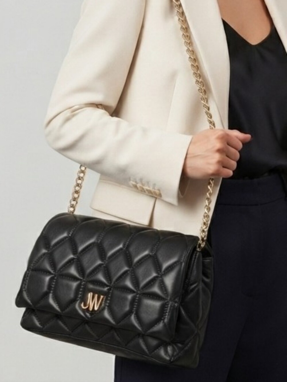 JASON WU Quilted Black Leather Shoulder Bag with Gold Chain